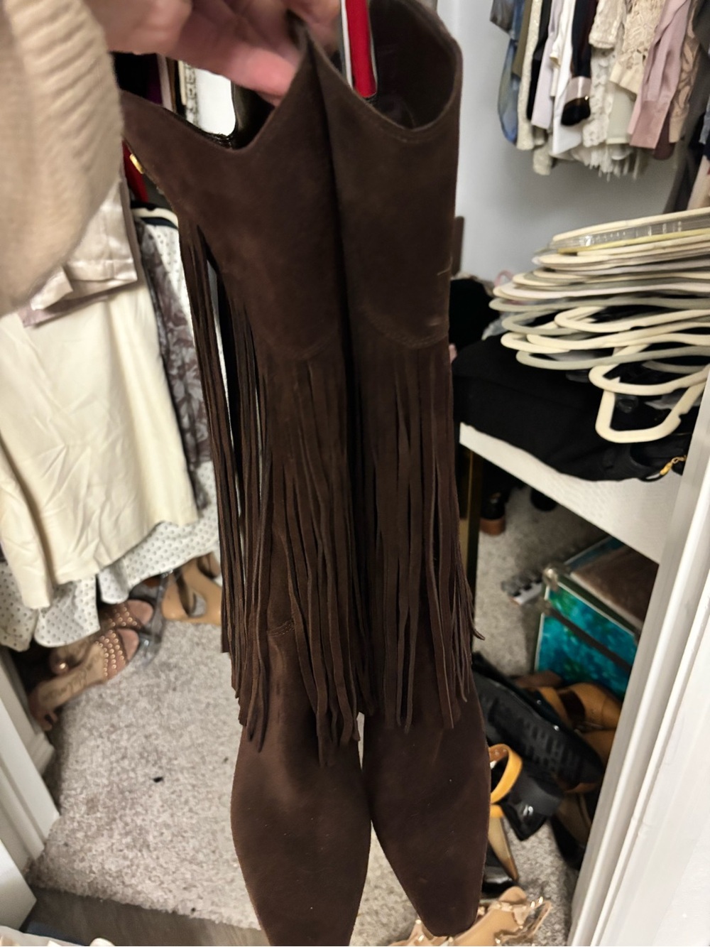 Vince Camuto Brown Suede Fringe Heeled Boots